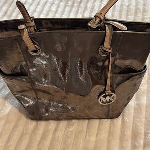 Michael Kors Silver Metallic Leather Tote with Signature Charm
